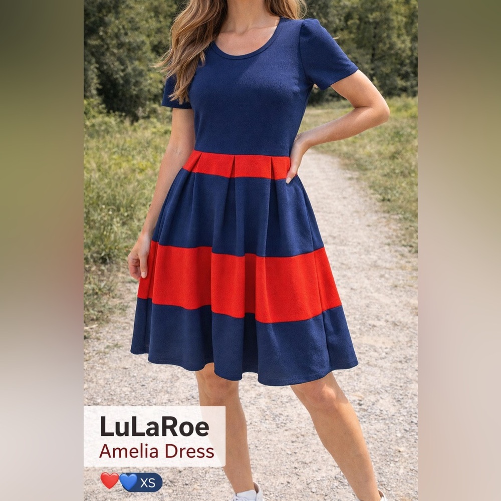 LuLaRoe Amelia Dress Colorblock Red Blue Size XS